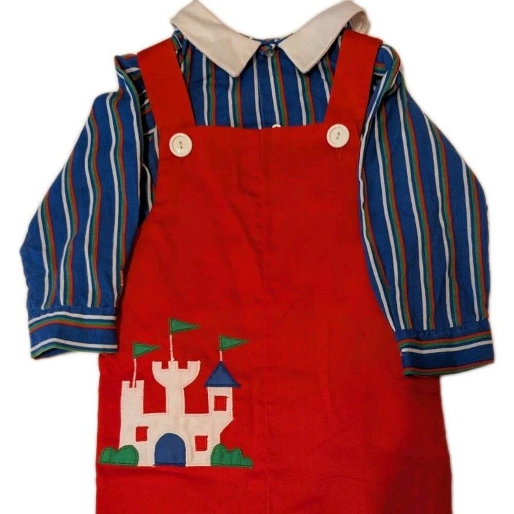 Vintage 2pcs Striped Collared Top & Red Overalls Castle Outfit Size 18-24 Months